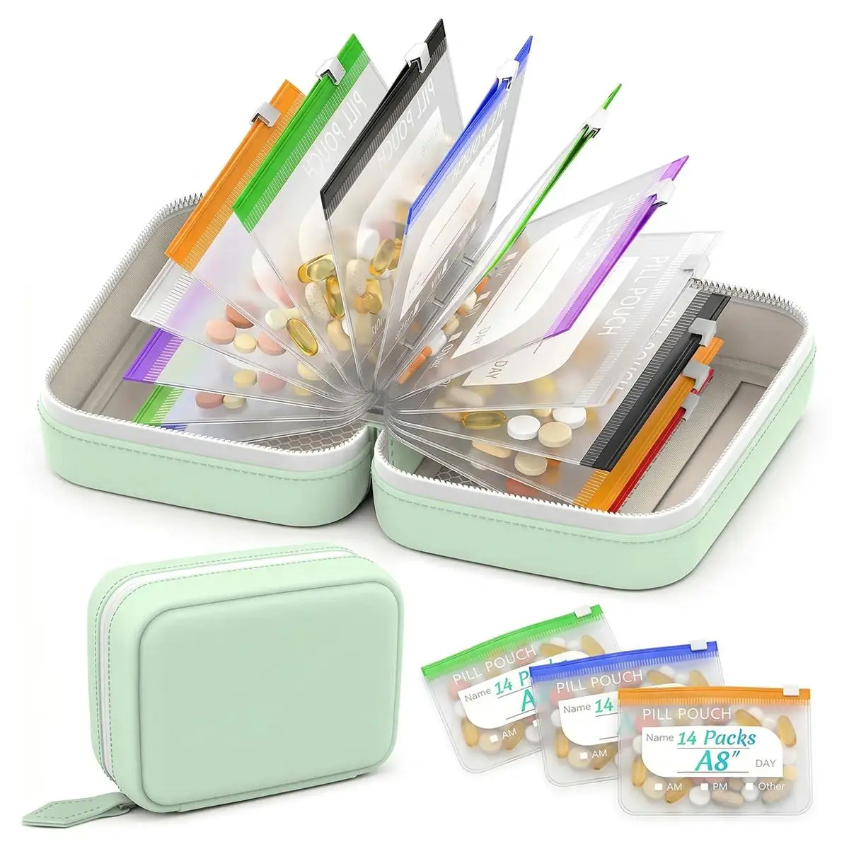 A8 Pill Pouches for Travel, Waterproof Binder Pill Organizer Set, 14 Color-Coded Airtight Reusable Zipper Pouches, Large Weekly Travel Storage for Daily Medicine, Vitamins & Fish Oils