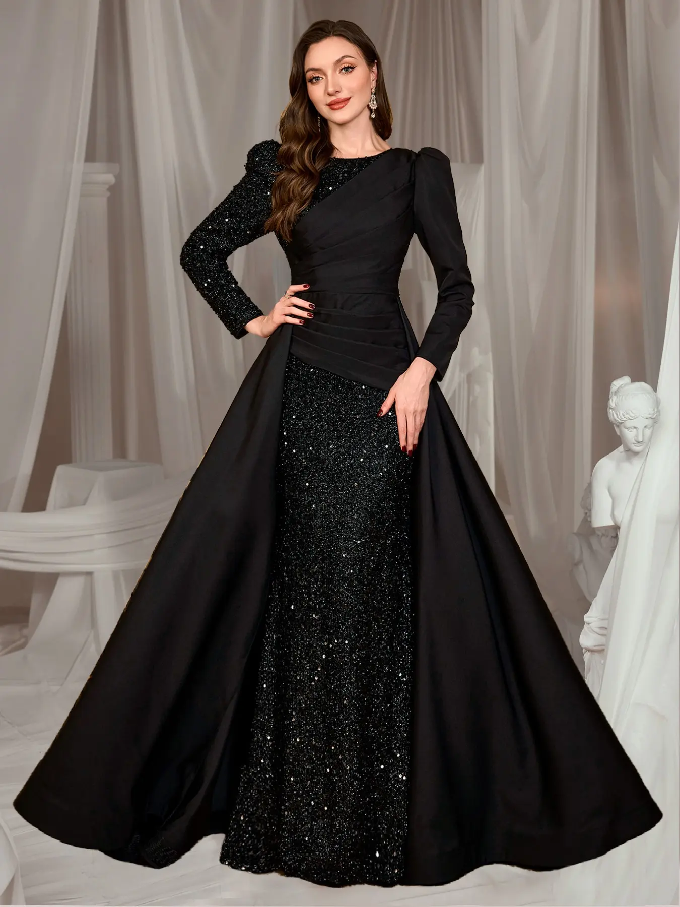 Elegant Sequin Patchwork Long Sleeve Maxi Dress, Round Neck Waist Cinch Formal Party Gown, Solid Color Evening Wear for Weddings & Events, Evening Glam Gown
