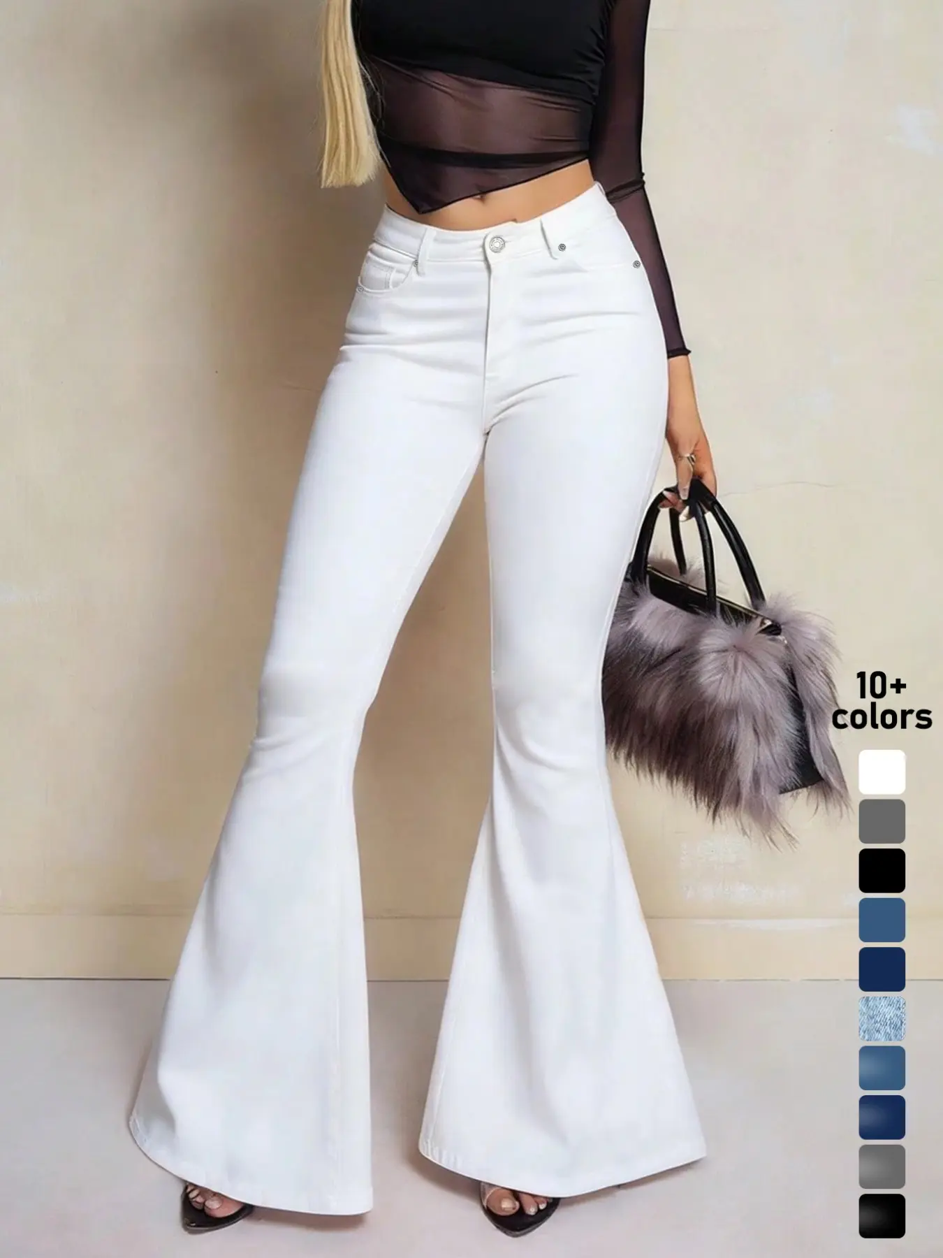 Nvfelix High-Waisted Flared Denim Jeans for Women, Slim-Fitting Floor-Length Trousers with Button Fly, Casual All-Season Wear Pants, Bottoms, Fitted Flare Jeans