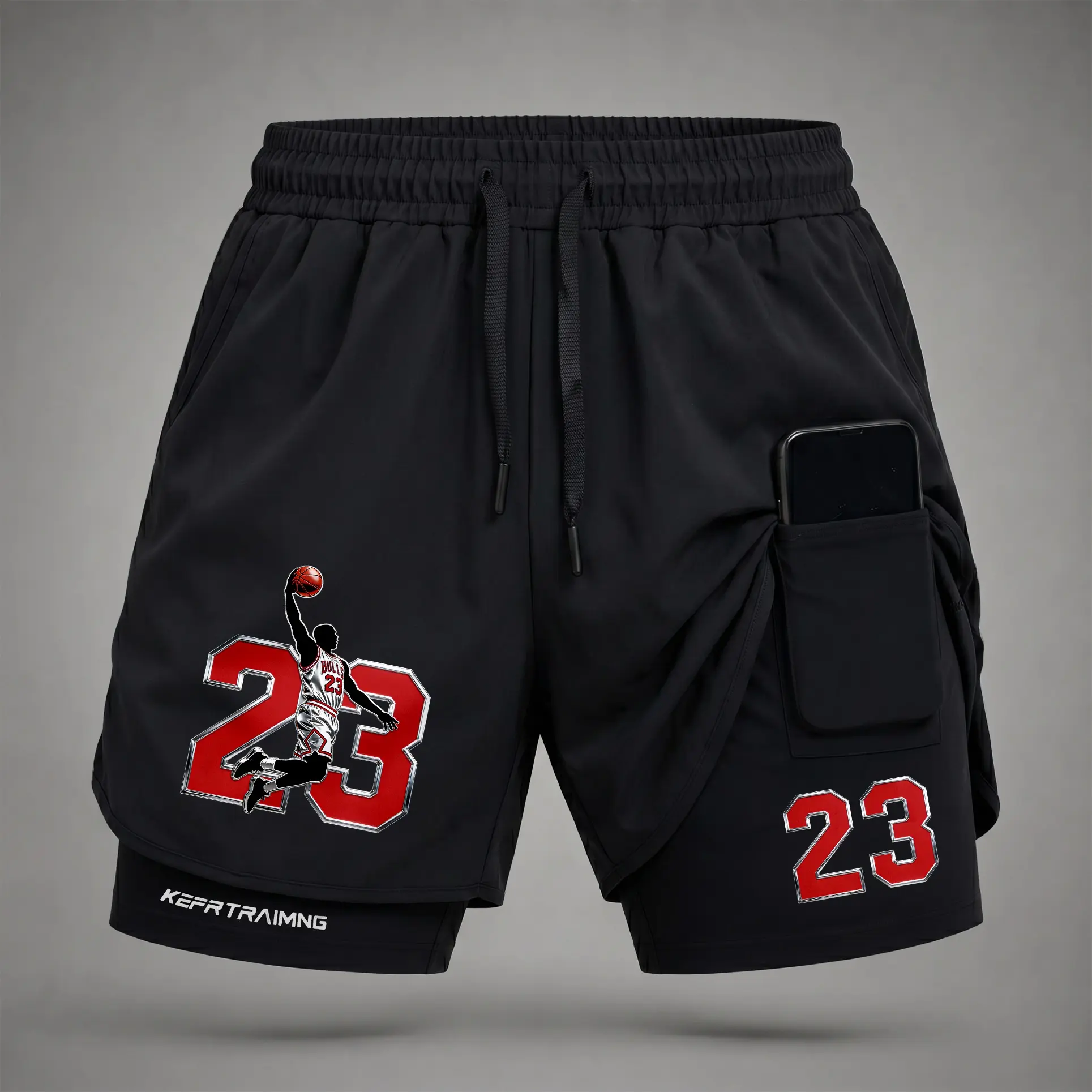 Men’s Basketball Player Graphic Print 2-in-1 Athletic Shorts, Built-in Compression Liner, Secure Inner Phone Pocket, Elastic Drawstring Waist, Quick-Dry Gym Running Training Shorts for Summer Daily Wear