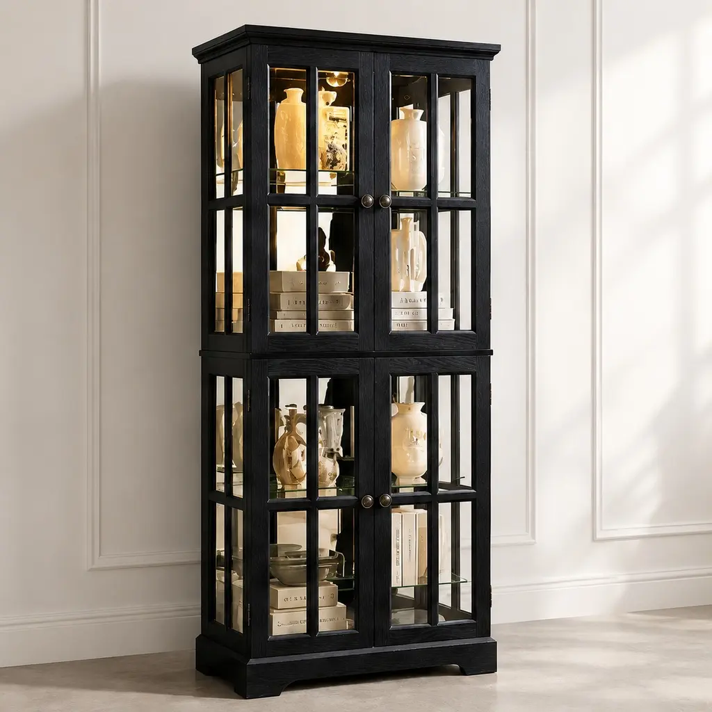 ARCH Classic Floor Standing Antique Glass-Front Display Cabinet with Doors, Adjustable Shelves, E26 Bulb, MDF+Acrylic Black Curio Showcase for Collectibles, Home Office, 15.75" w x 30.32" d x 68.70" h, 98.33 lb, Assembly Required