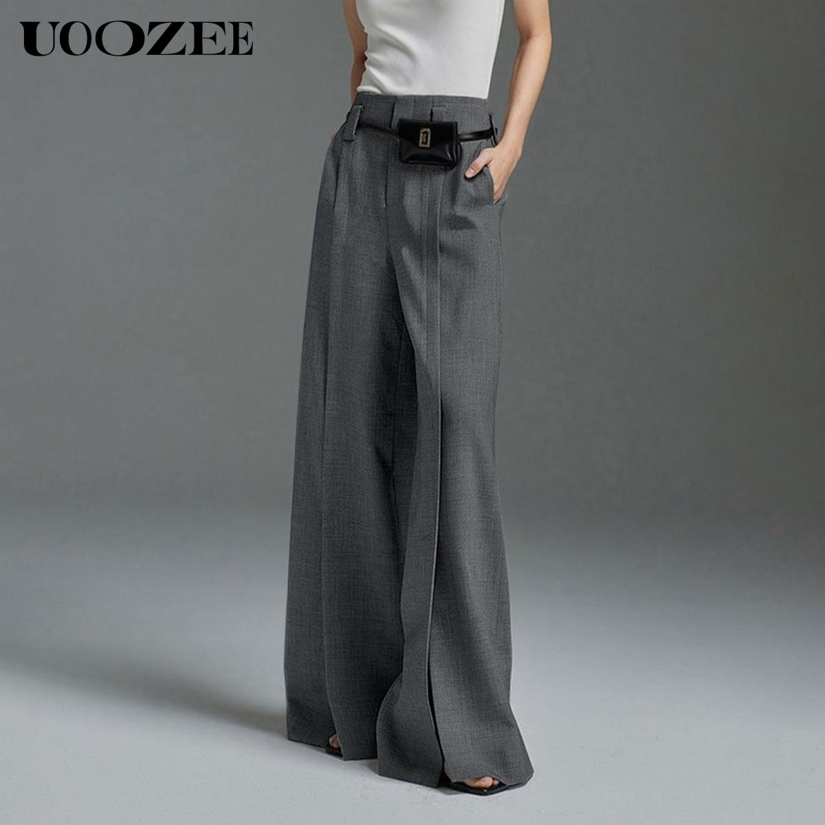 UOOZEE Women's Loose Wide Pants High-Waisted Pleated Split-Front Pants Trousers No belt Bottom Fitted Womenswear Basic pants women work outfits women interview outfits baggy pants