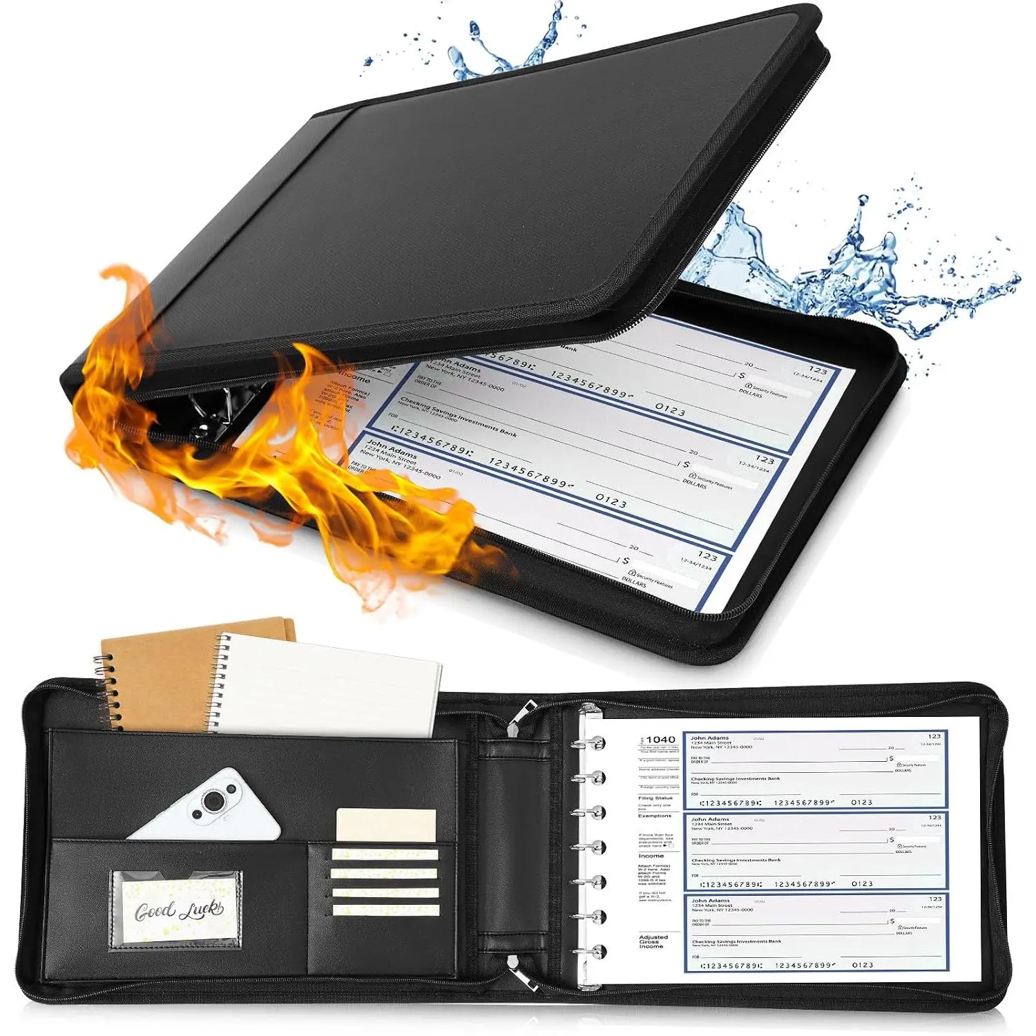 7 Ring Fireproof Business Checkbook Binder Portfolio for 3--a-Page Business Checks, 600 Sheets Capacity Checkbook Binder for 9" x 13" Sheets with Zipper, -in Organizer(Black)