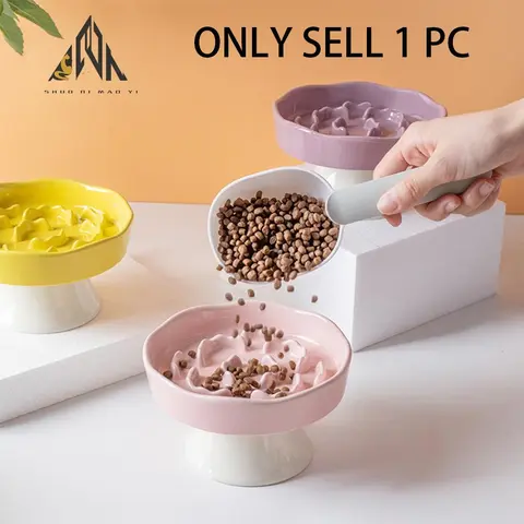 Ceramic Elevated Slow Feeder Pet Feeding Bowl, High‑Base Neck‑Friendly Cat Bowl, Anti‑Tip and Anti‑Choking Design, Pet Food Bowl for Cats & Dogs