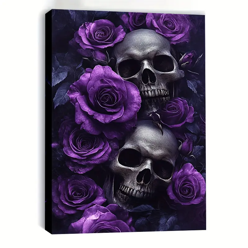 11.8* 17.7inch Wooden picture frame art, two realistic skulls surrounded by bright purple roses, dark background creates a mysterious and romantic atmosphere, suitable for gothic-style rooms, dark-themed studios, or unique bar decorations, ready to hang a