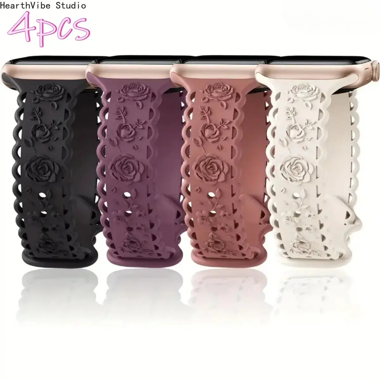 Lace Rose Slim Smart Watch Band Compatible with Apple Watch Series 10 9 8-1 SE Ultra 2, 4-Pack Lightweight Silicone Sport Strap for iWatch 38mm 40mm 41mm 42mm 44mm 45mm 46mm 49mm, Female