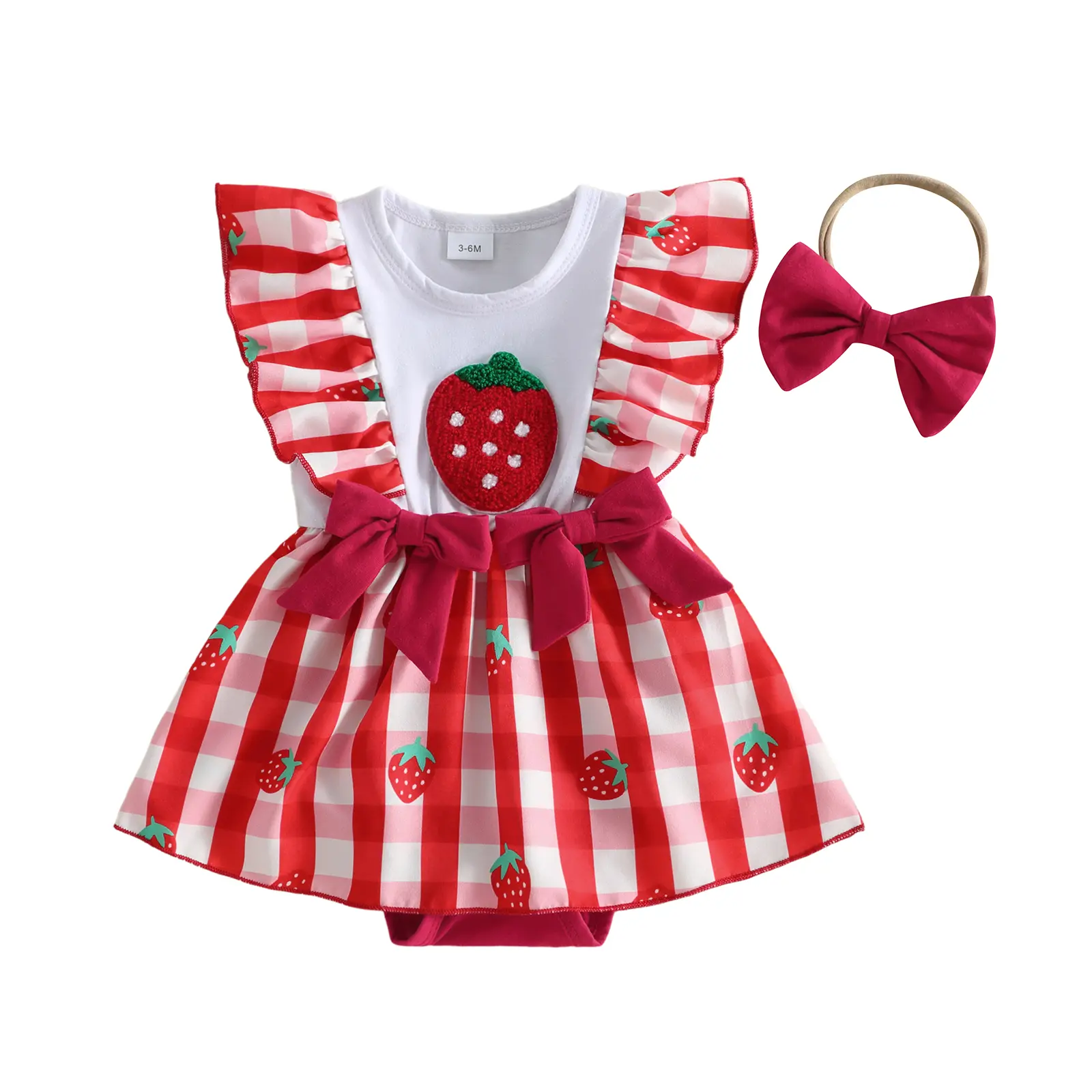 Newborn Baby Girl Summer Outfits Ruffle Sleeveless Strawberry Embroidery Romper Dress with Headband Set Newborn Clothes
