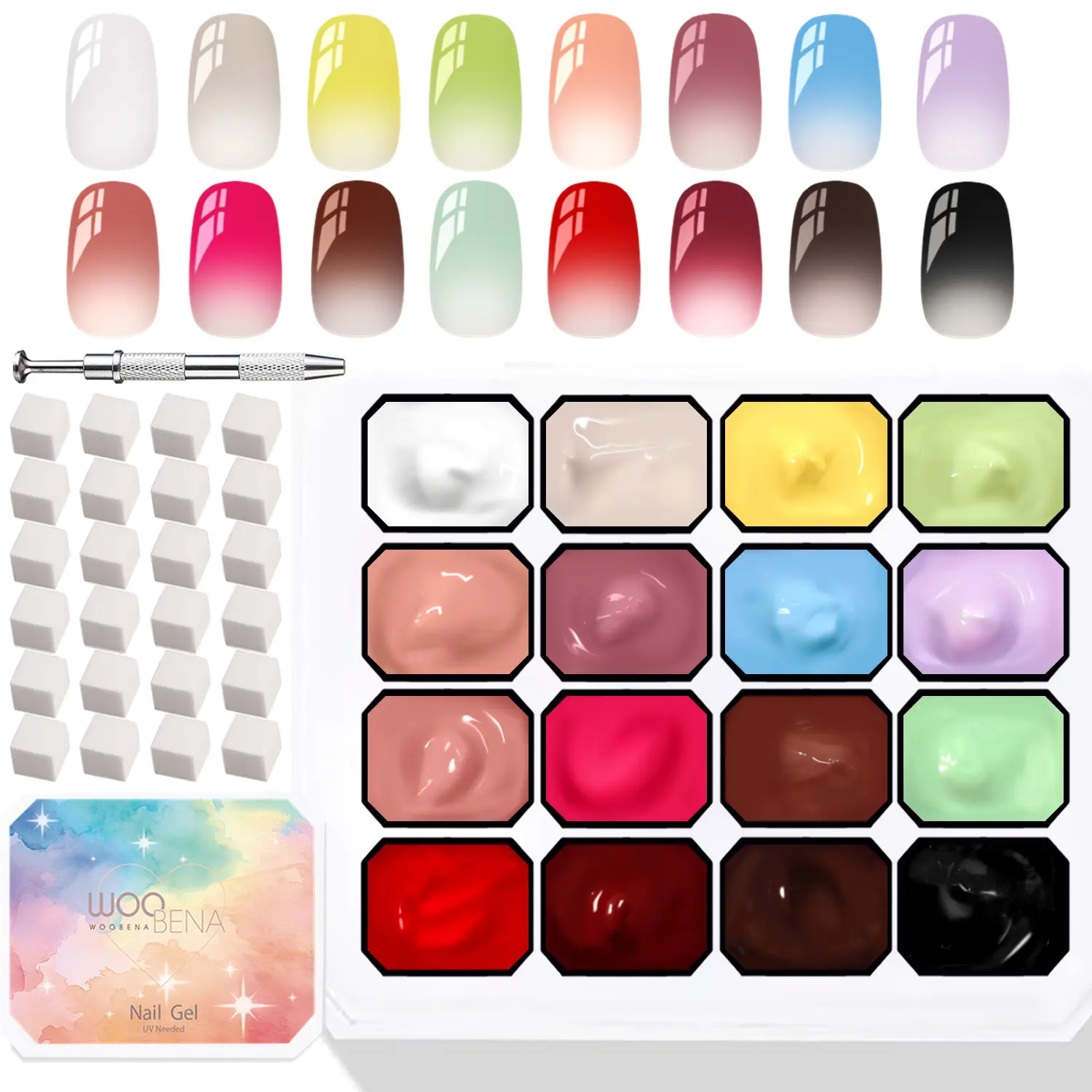 16-Color Pat Pat Gel Nail Polish Set - Highly Pigmented Gradient Patting Gel for French Manicure, DIY Nail Art, UV/LED Cured, Includes 100 Sponges & 1 Grabber