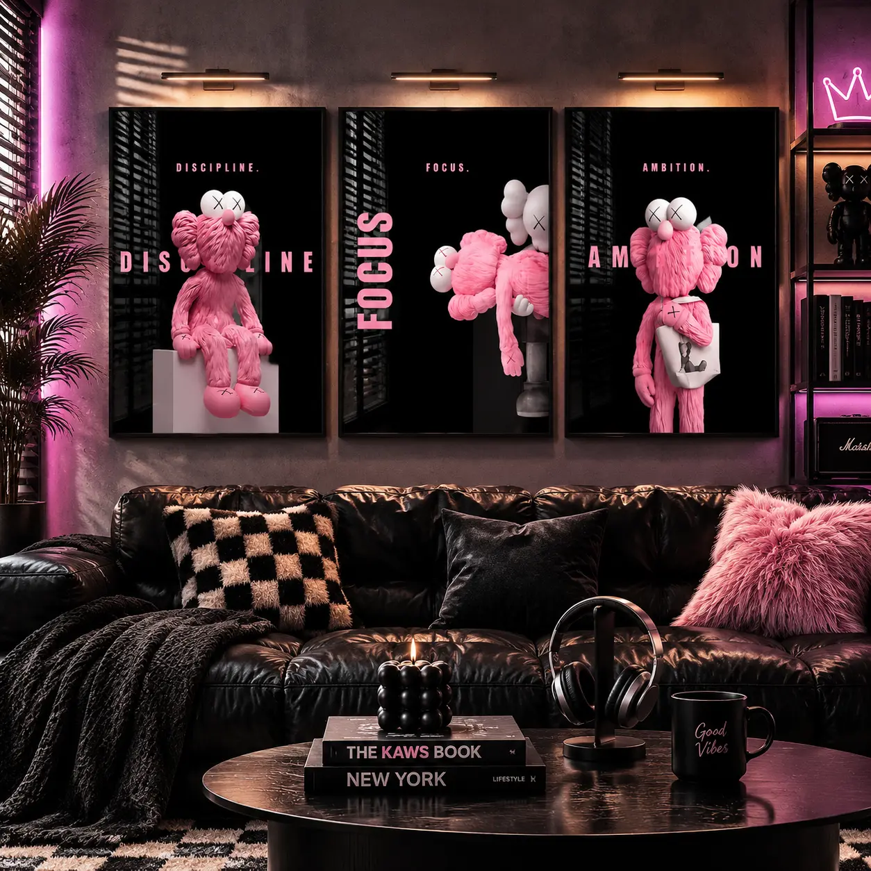 Kawaii Cute Bear Canvas Wall Art |   Pink & Black Animal Poster Print, Aesthetic Decor for Bedroom, Office & Modern Home