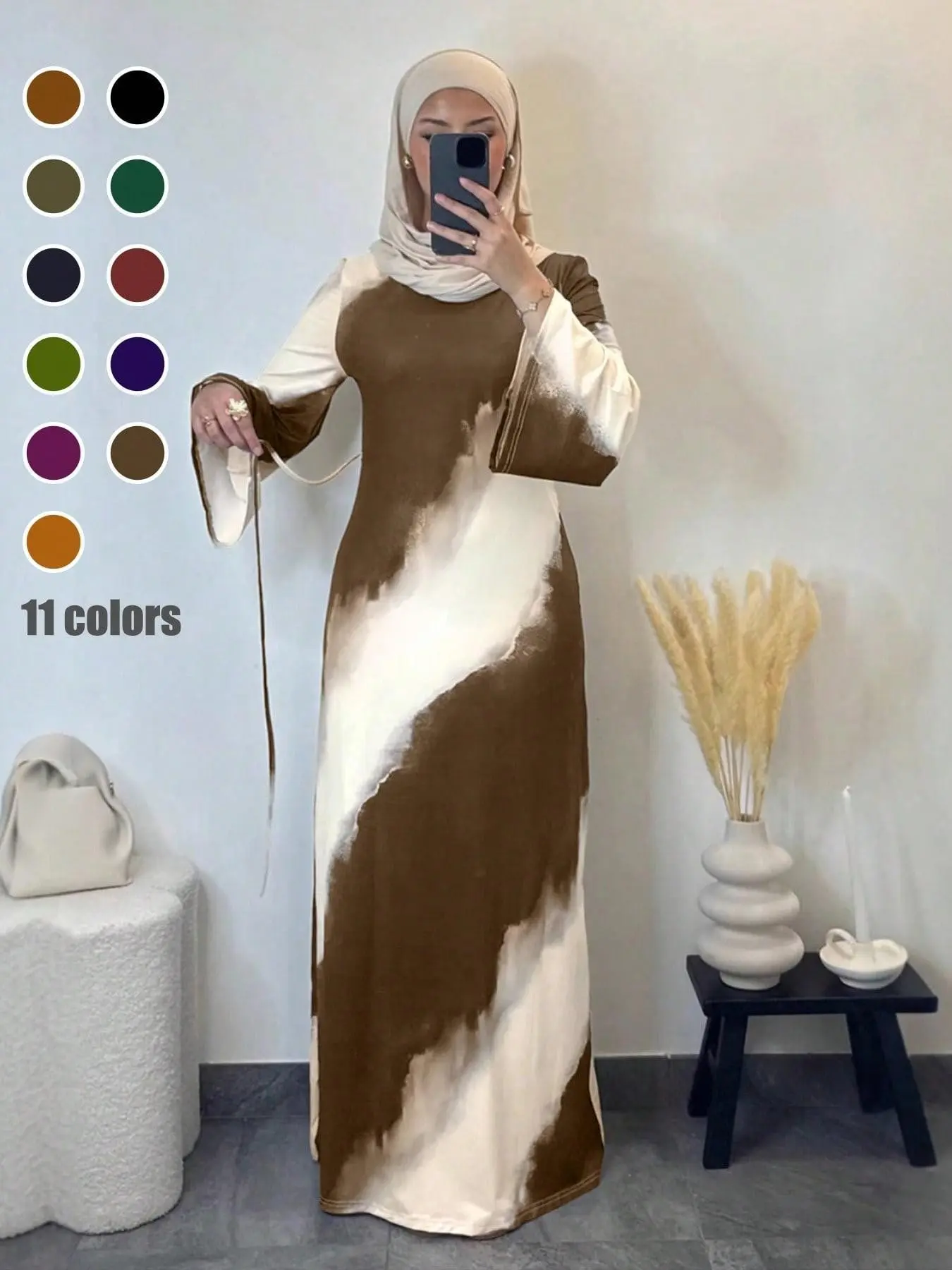 Art Ink Tie Dye Muslim Abaya Maxi Dress, Flare Long Sleeve Slim Gown, Silky Draping Soft Fabric For Spring Autumn Winter, Modest Outfit For Women Daily Travel Wear