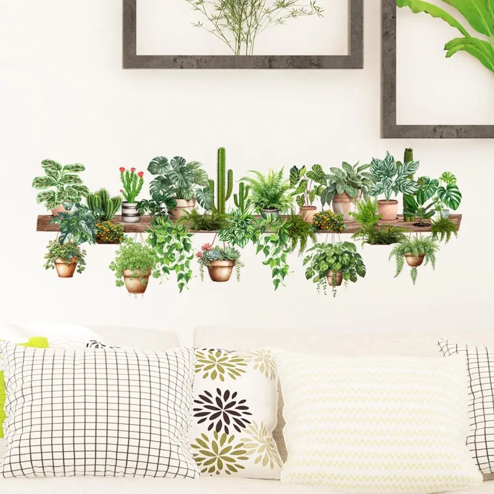 2 Pack  Potted  Wall  Peel and Sticker Green Botanical Tropical Succulent Wall Stickers for Living Room Bedroom Kitchen