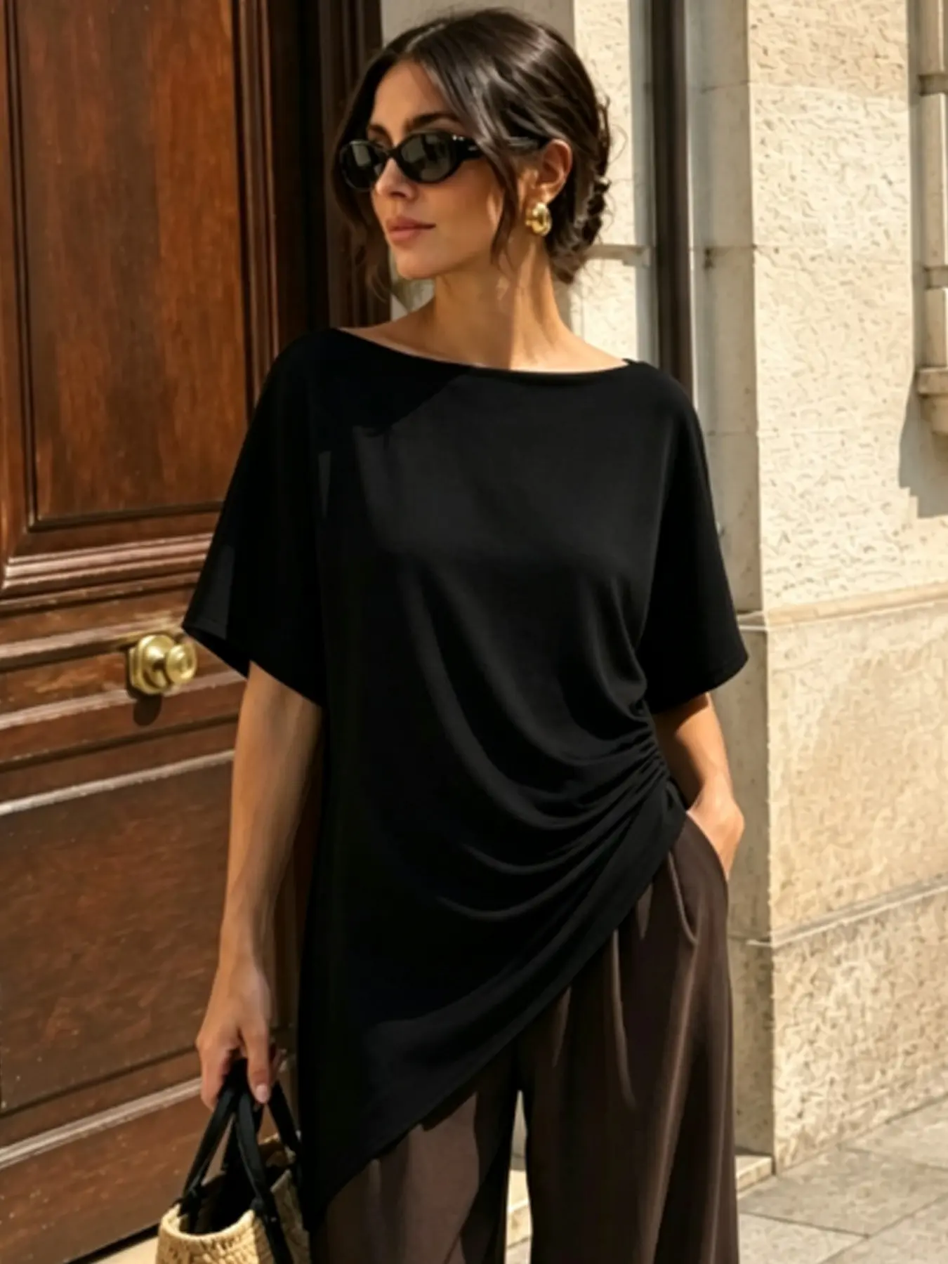 Black Asymmetric Ruched Top Women Summer 2026 Ladies Fashion Ruffled Off Shoulder Short Sleeve Round Neck Tops For Women Casual All-Match Streetwear Holiday Tank Tops