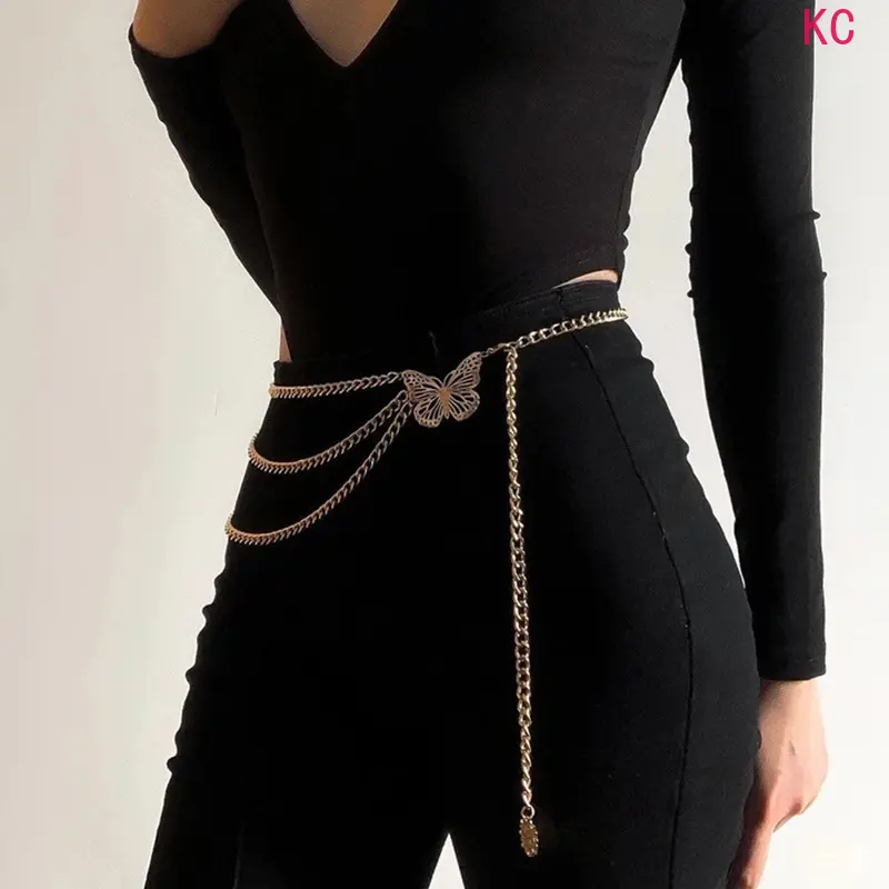 Metal Multi Layer Tassel Butterfly Waist Chain For Women, Elegant Body Accessory Suitable For Dresses And Stage Outfits