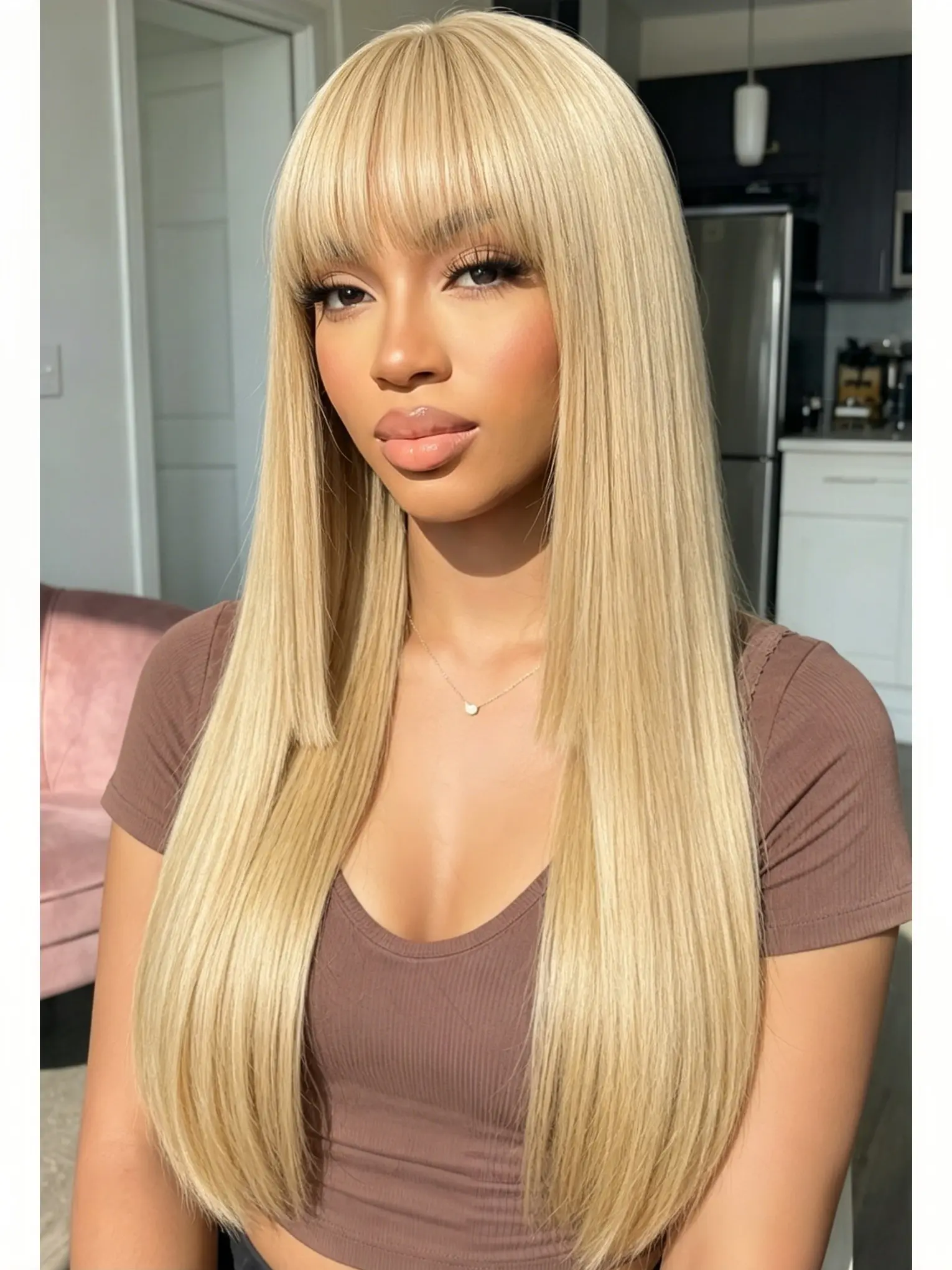 MIXPOP Blonde Wig with Bangs, 22 Inch Long Straight Synthetic Smooth Wig for Women, Natural Looking Heat Resistant Wig, Layered Cut Hair Replacement for Daily/Party/Cosplay