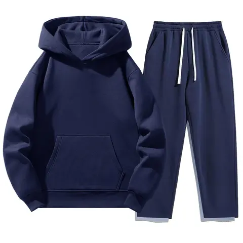 Men's Solid Color Plain Two-Piece Sweatsuit Set, Fitted Hoodie & Drawstring Pants, Thick Fabric for Fall & Winter, Casual Daily Wear Essentials