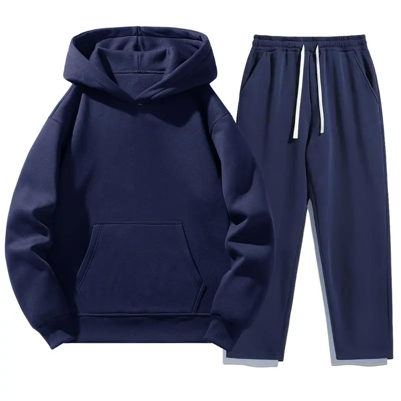 Men's Solid Color Plain Two-Piece Sweatsuit Set, Fitted Hoodie & Drawstring Pants, Thick Fabric for Fall & Winter, Casual Daily Wear Essentials
