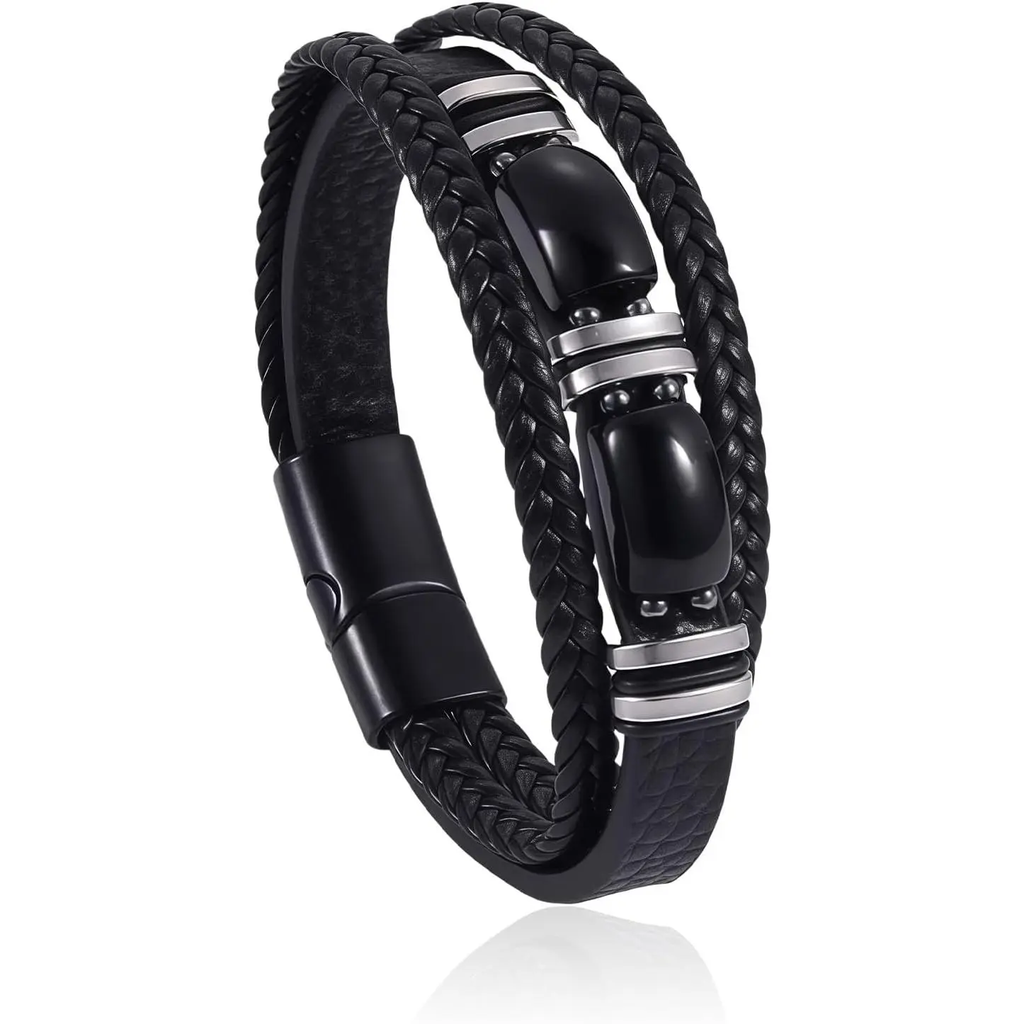 Men's Tiger Eye Leather Bracelet, Triple Layer Braided Leather Wristband, Bead Cuff Bracelet for Business and Casual Wear, Masculine  Accessories