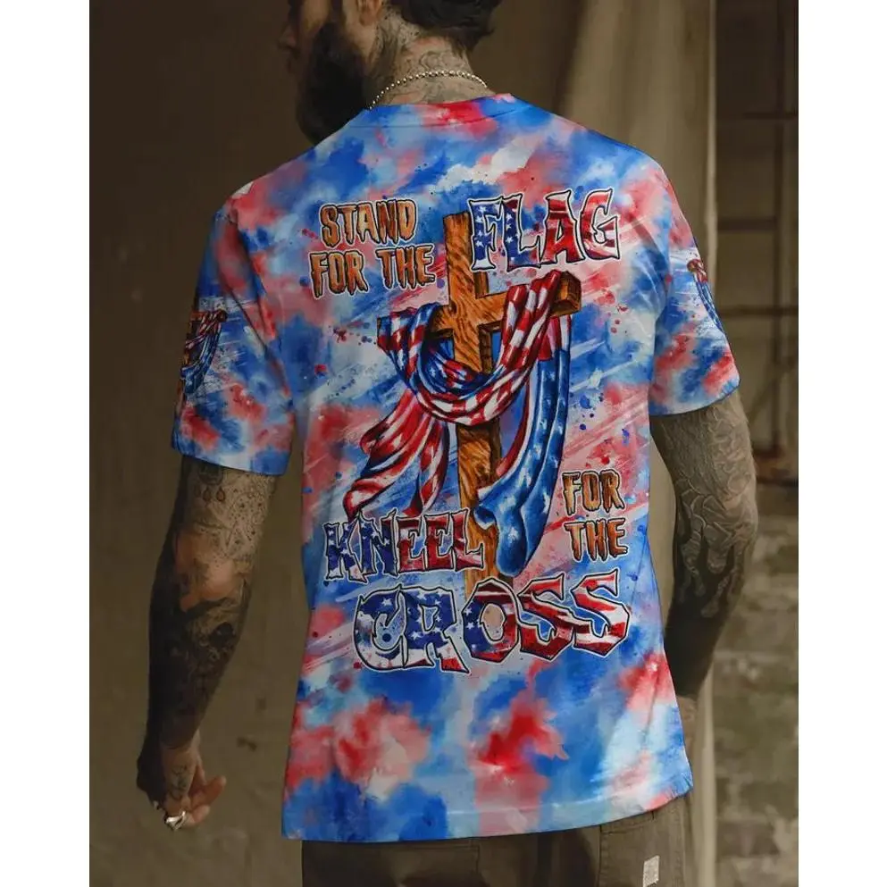 Unisex Stand For The Flag Kneel For The Cross Patriotic Christian Tie Dye T-Shirt,Patriotic Christian Double Sided Graphic T-shirt,Religious Patriotic Crewneck Tee For 4th Of July, Church & Daily Streetwear #   TikTokMadeMeBuyIt # TikTokShop