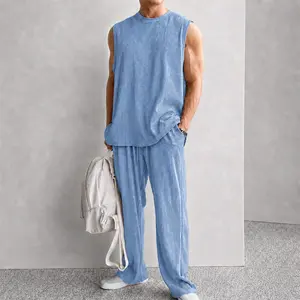 Men's Ribbed Sleeveless Two Piece Set, Summer Casual Tank Top and Wide Leg Pants Outfit, Lightweight Breathable Matching Set for Streetwear, Gym, Travel, Lounge, Beach and Daily Wear