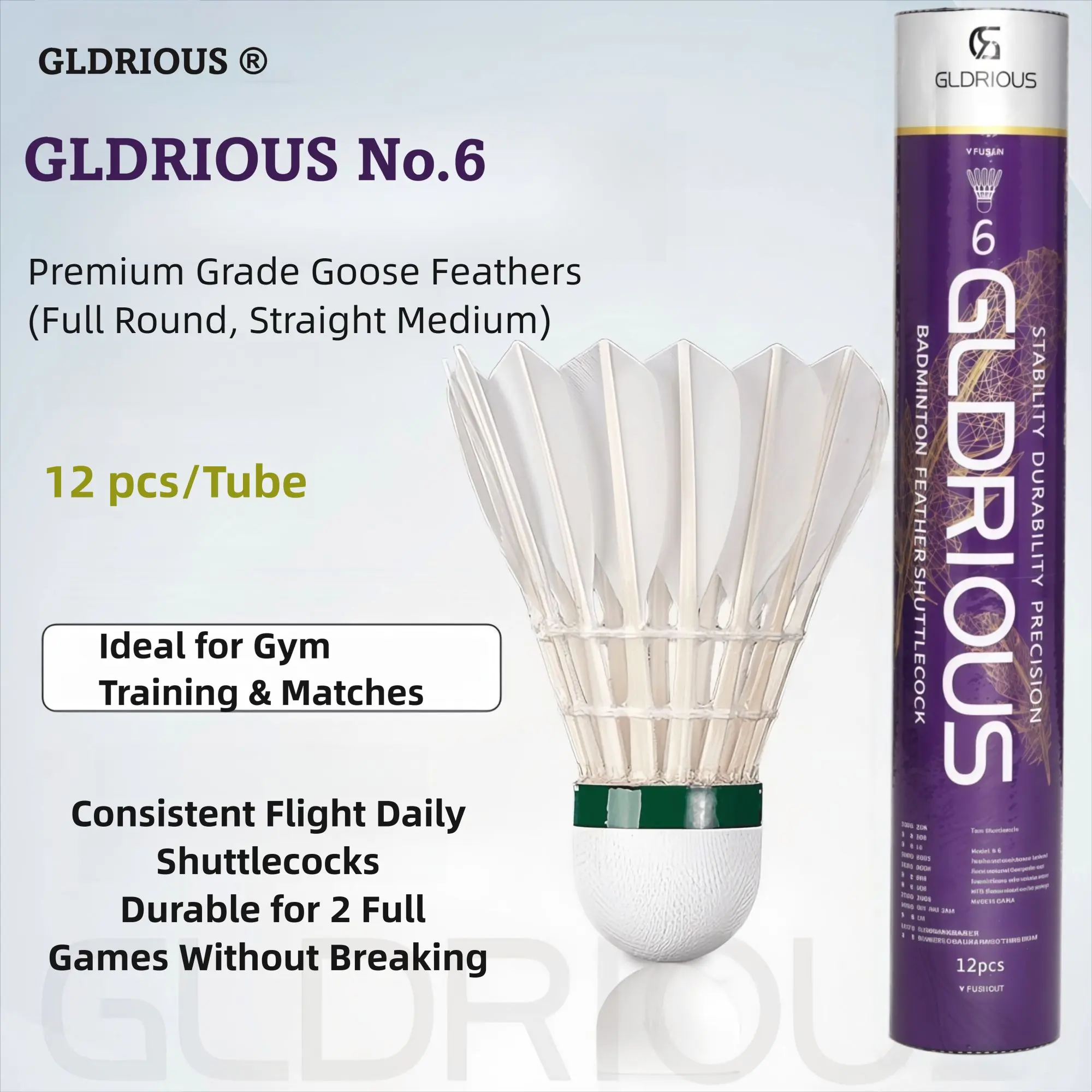 GLDRIOUS No.6 Badminton Shuttlecocks 12pcs - Premium Goose Feather, Stable Flight & Durable for Training and Matches