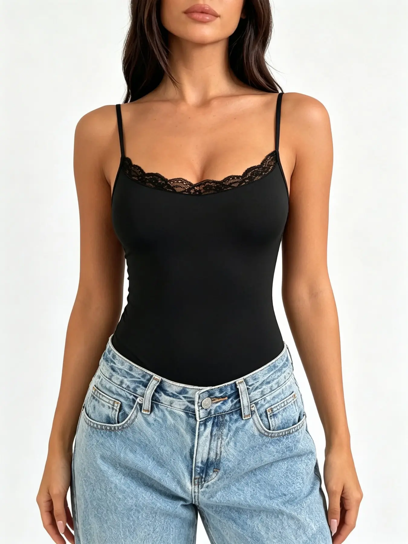 French Sexy Ruffle Lace Square Neck Bodysuit, Adjustable Straps Bodycon Slim Fit Seamless Tight Bodysuit, Knit Top for Petite Women