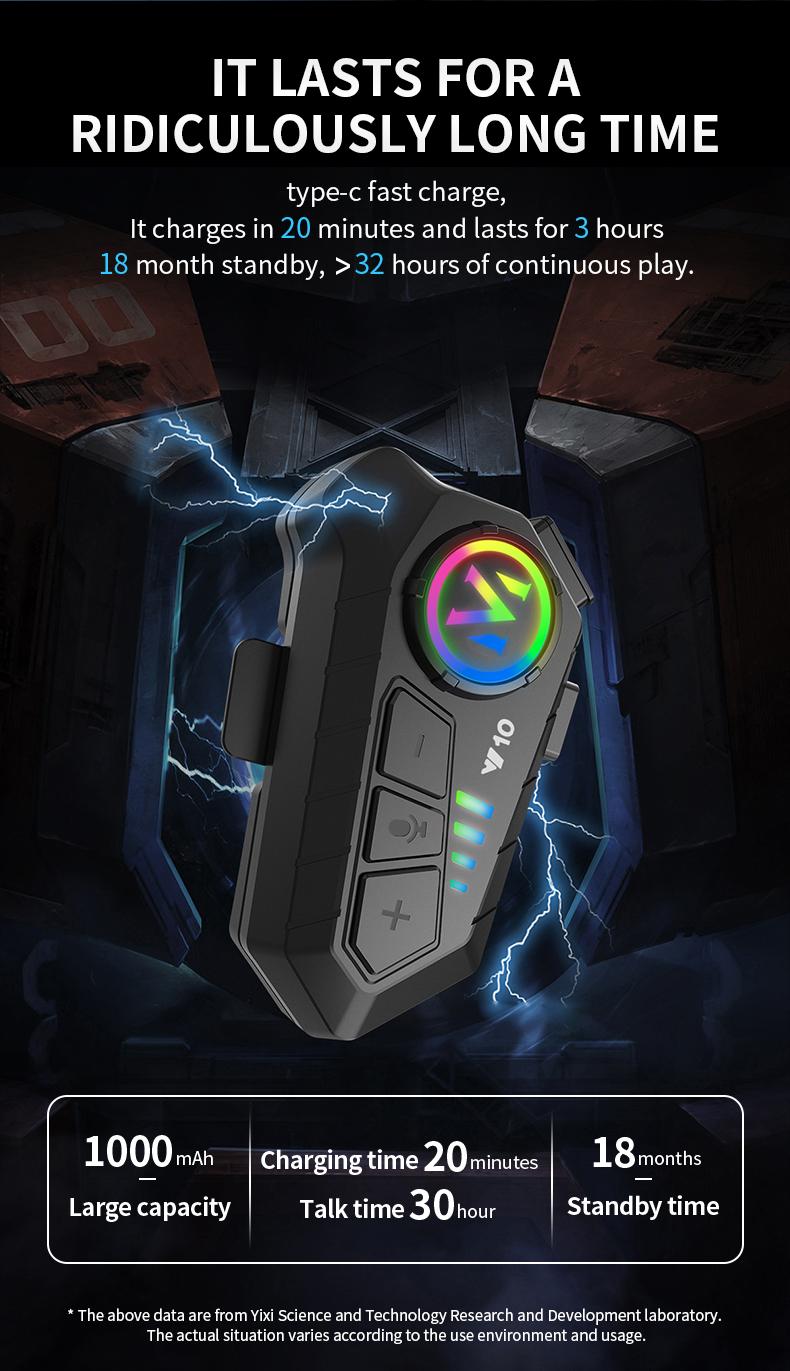 Y10 Motorcycle Helmet Headset Stereo Voice Control Bluetooth Hands Free Call  2000mAh With Ambient Light