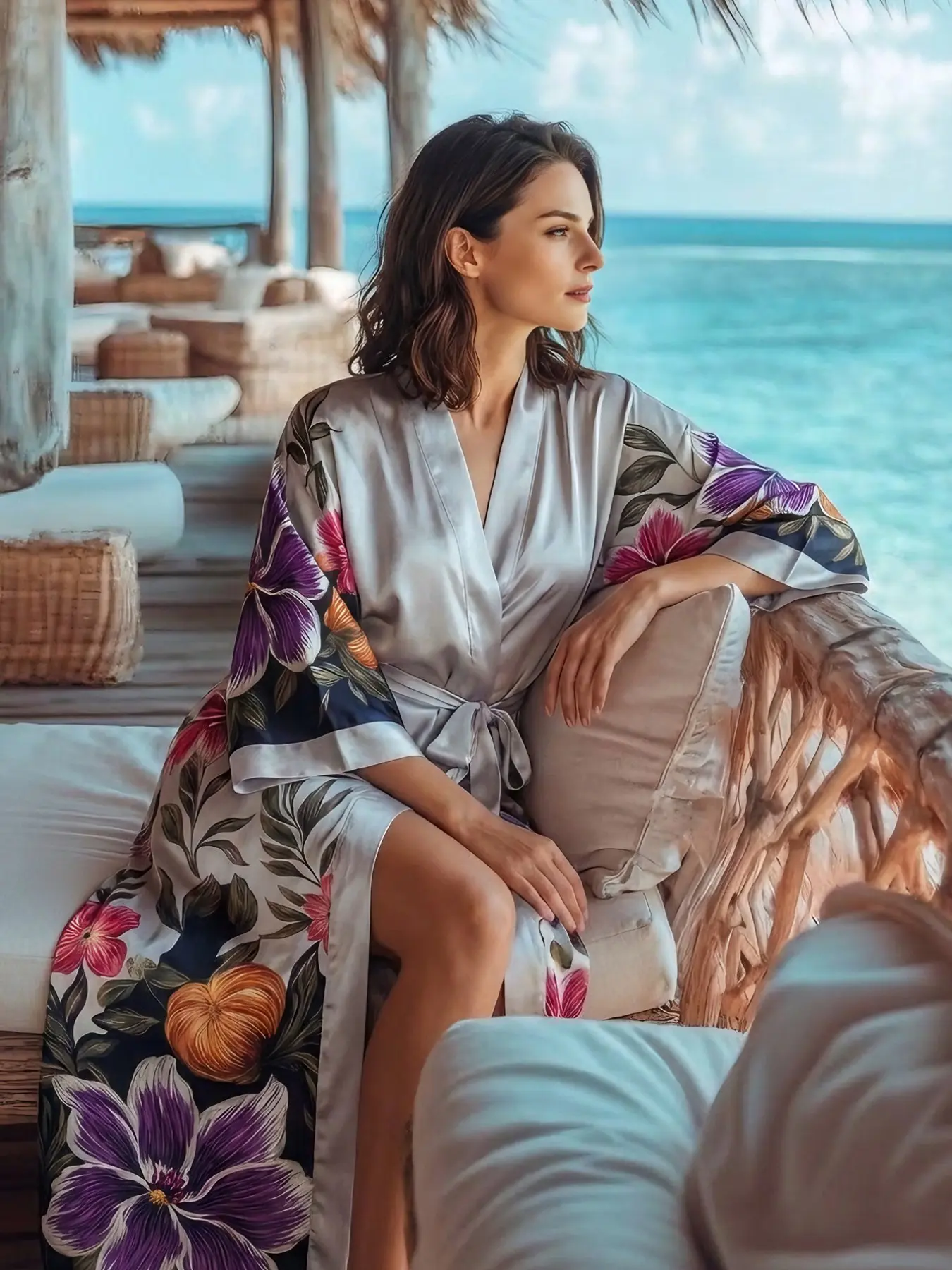 Luxurious Floral Print Silk Sleep Robe Nightwear for Women, V-Neck Open Front Tie Bathrobe, Vintage Oil Painting Style, Loose Fit Home Wear Loungewear