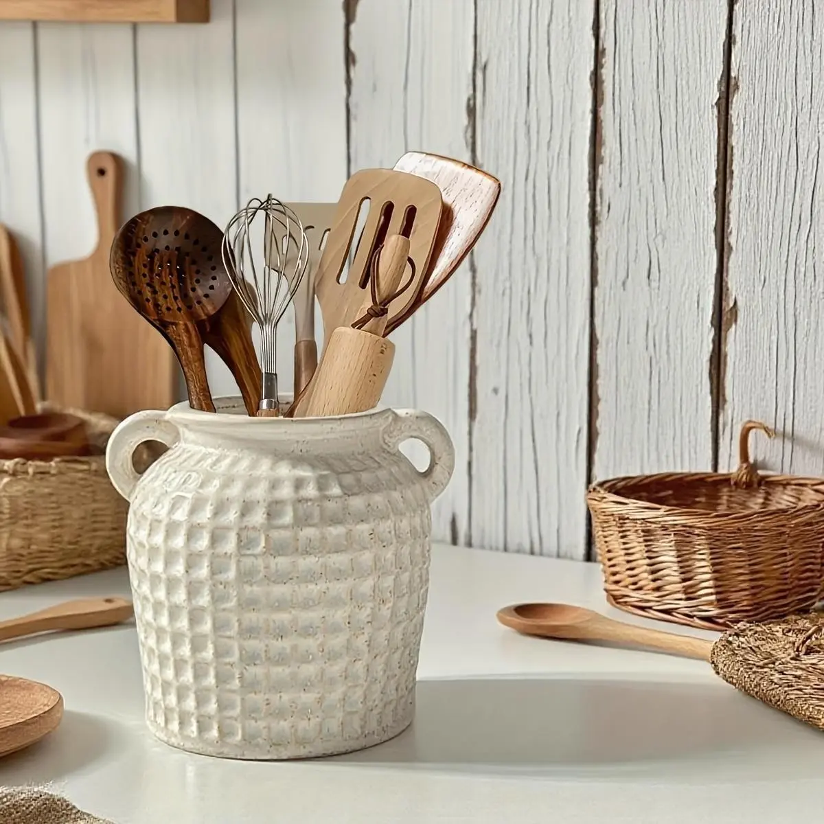 Vintage Style Dual Handle Ceramic Decorative Vase, Unique and Multifunctional, Ideal for Cutlery and Flowers, Perfect for Rustic Kitchen, Dining Room, Living Room