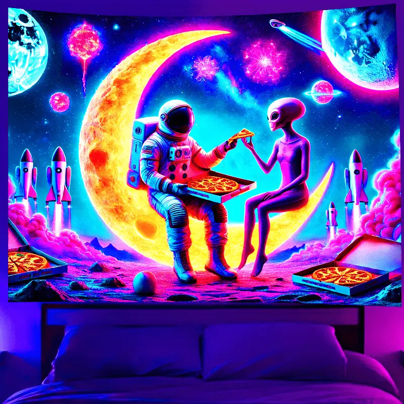 1-Piece Decorative Black Light UV Reactive Tapestry - Astronaut & Alien Space Design, Glow-in-the-Dark Effect, High-Quality Printing, Bright Colors, Fantasy Sci-Fi Indoor Wall Art, Room Decor Hanging Flag