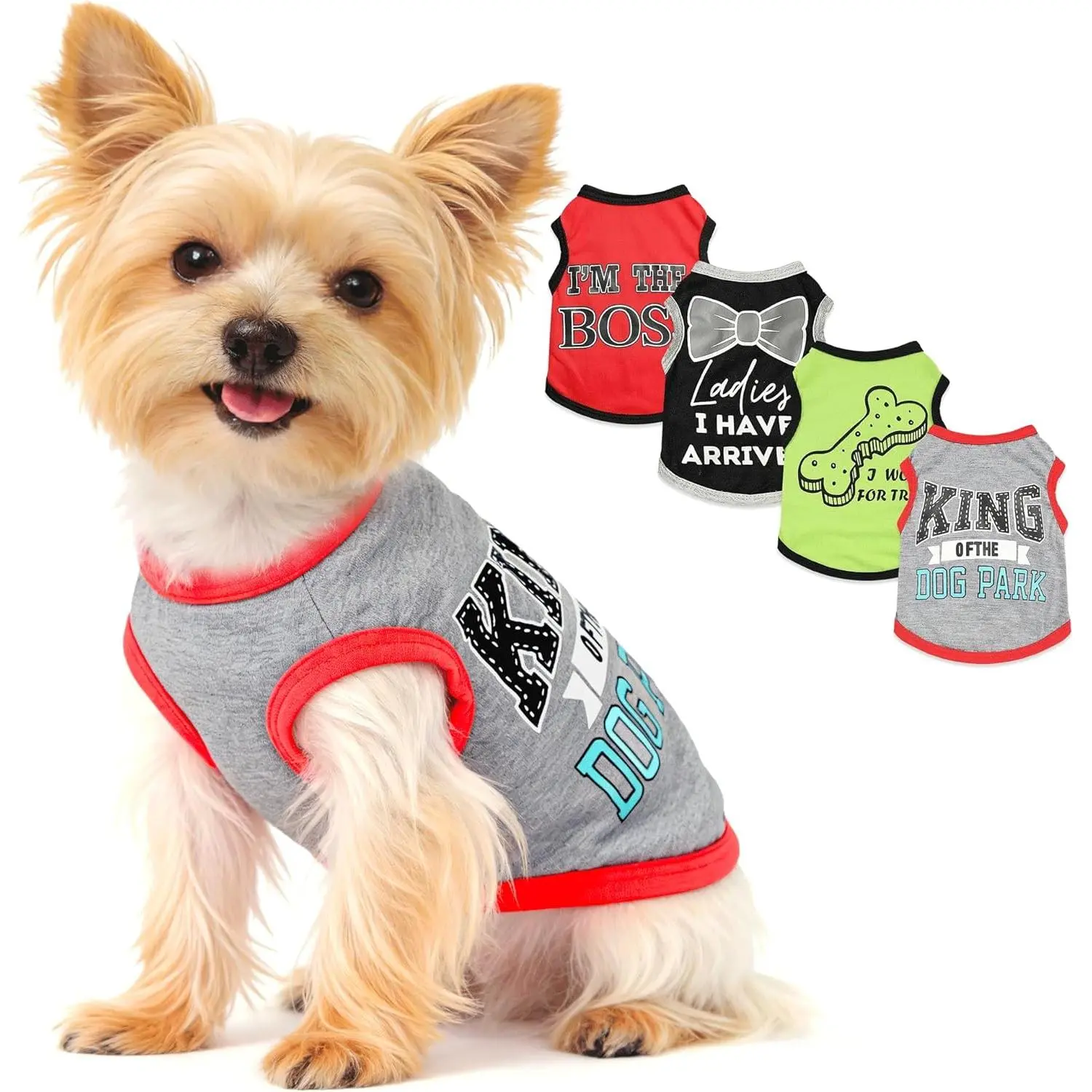 Pet Clothing 4-Piece Soft Polyester Puppy Clothes - Rainbow Cloud Graphic, Snug Fit, Bow Tie Accent, for Small Dogs (Chihuahua, Yorkie) & Cats, XS-S-M Sizes (Pink, Grey, Red, Green)