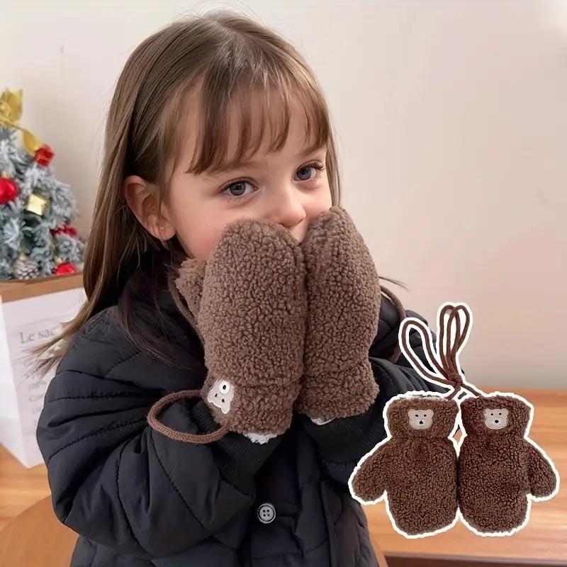 Kids Plush Winter Gloves with Neck Hanging Loop - Thick Warm Thermal Mittens for Boys & Girls 2-5 Years, Soft Brown/Beige/Gray/Black, Cozy Everyday & Play, Easy On/Off Design, Ideal for Christmas & New Year's Gifts, Adorable Plush Material for Boys & Girl