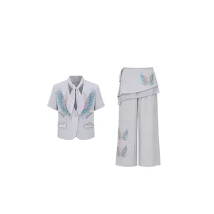 TCH - Aesthetic Cottagecore Beaded Embroidery Blazer Set Vintage Aesthetic Wide-Leg Trousers Co-ord Suit