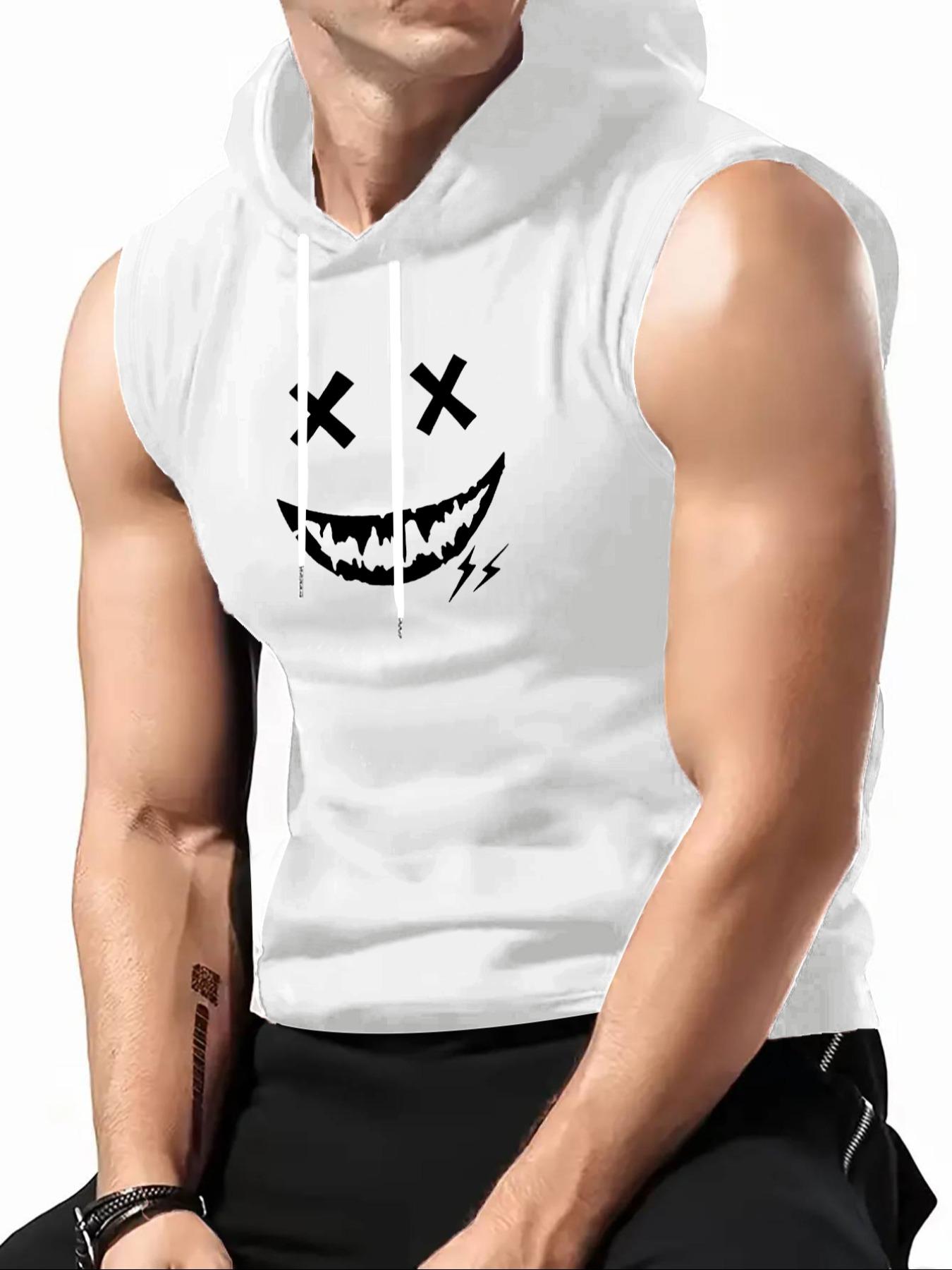Men's Regular Fit Smile Face Print Tank Hoodie, Casual Graphic Sleeveless Hoodie for Summer, Fashion Men's Top for Daily Wear, Sweatshirts, Hot Trending Hoodies, Casual Sports Hoodie