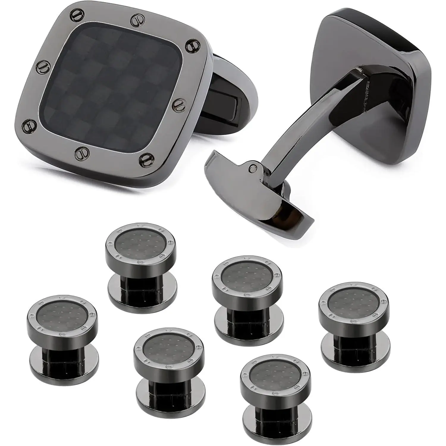 Carbon Fiber Cufflinks and Tuxedo Studs Set for Men - Wedding Business Gifts Accessories in Gift Box