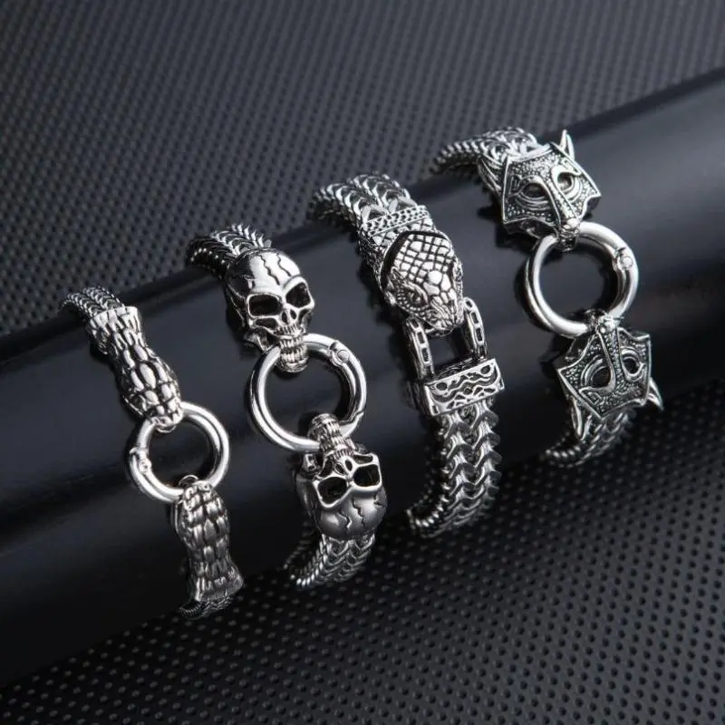 Men's Retro Punk Wristband, Stainless Steel Link Chain with Skull, Snake & Beast Heads - Adjustable Fashion Wristwear, Men's Accessories, Bracelet Wristband, Fashion Bracelet, Gothic Stainless Steel, Style, Accessory, Edgy, Men's Stuff