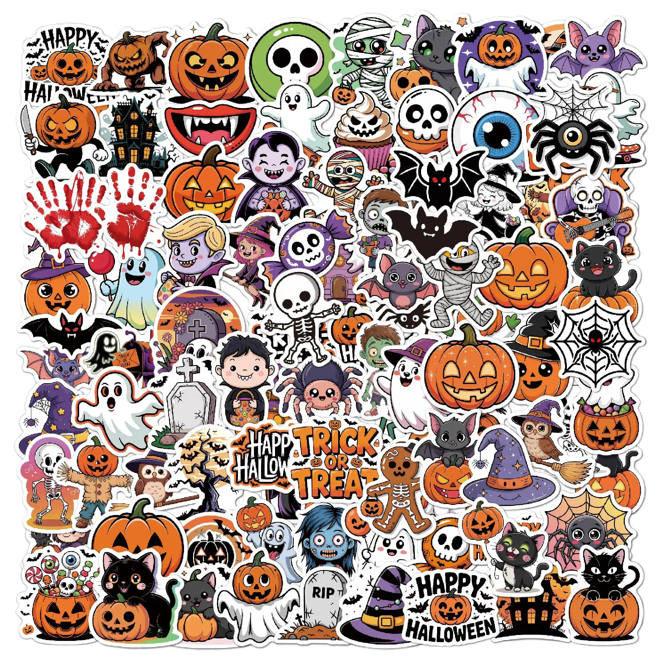 Hot Selling 100PCS Non-Repeating Halloween Stickers, Waterproof Vinyl Pumpkin Witch Bat Candy Decals, Scratch Resistant Spooky Holiday Ornament, Multi-Scene Party Favor Supply for Classroom Crafts Game Rewards Kids Boys Girls Holiday Gifts