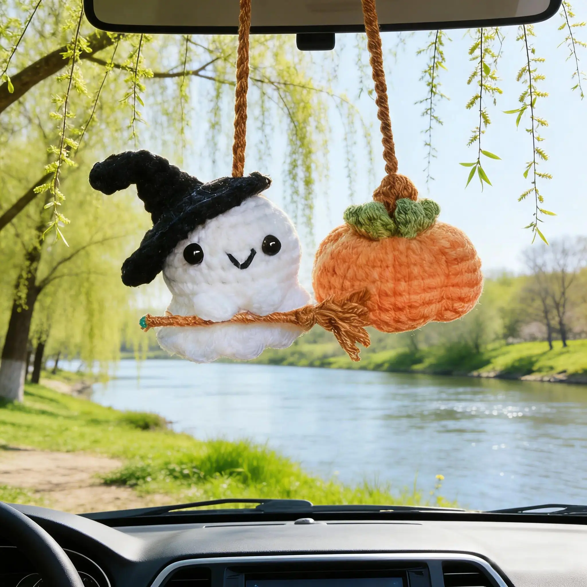 Car Charm - Handmade Crochet Ghost and Pumpkin Amigurumi Hanging, Cute Design Rear View Mirror Decor, Playful Unisex Cars Accessories Trinket, Trinkets, Car Accessories Cute, Adds Personality To Car