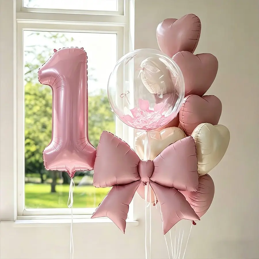 Pink birthday party decoration balloons, Party Balloons Decorations, 32 inch pink numbers 0-9, 18 inch transparent balloons, Heart shaped balloons, pink bow balloons, suitable for birthday parties, baptisms, anniversaries, romantic room decoration