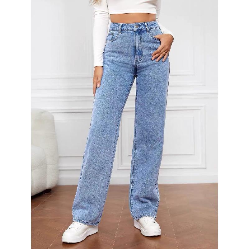 2025 High Rise Jeans for Women Wide Leg Stretchy Pants Straight Leg Loose Denim Tummy Control Trousers with Pockets Stretch Tights Waist