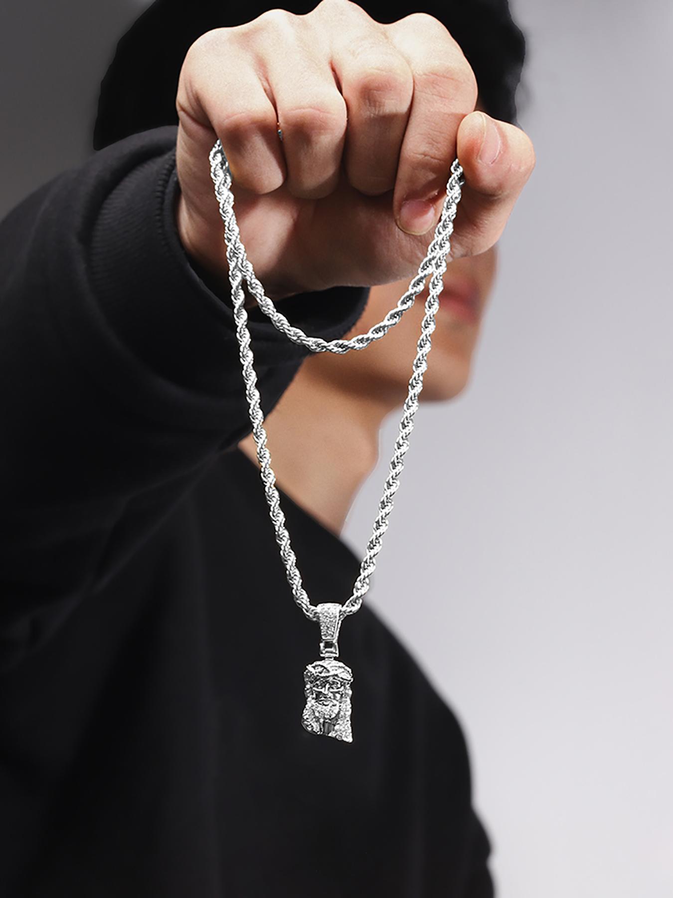 Jesus Head Pendant Necklace, Rhinestone Decor Cuban Link Chain Necklace, Fashion Jewelry for Party, Daily Clothing Decor, Trendy All-match & Exquisite Jewelry for Birthday Gift