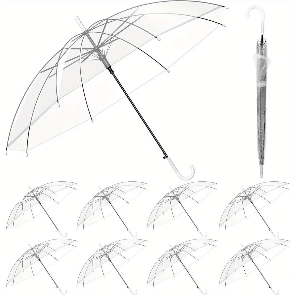 10 Pack Clear Wedding Umbrellas, 37 Inch White Transparent Dome Canopy, Semi Automatic See Through Bridal Umbrellas for Bride Bridesmaids Photo Shoot Party