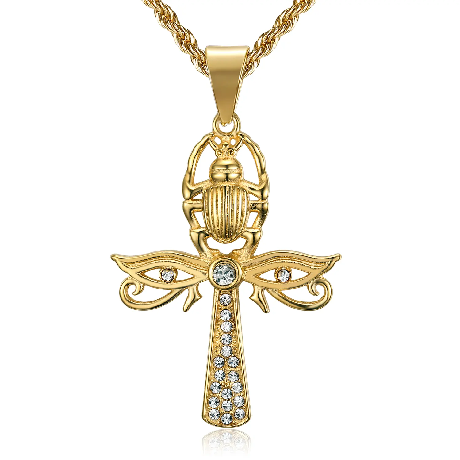 18K Gold Plated Eye of Horus and Scarab Egyptian Ankh Cross Pendant Stainless Steel Necklace for Men Women, 24 Inch Rope Chain Religious Amulet Jewelry Gift