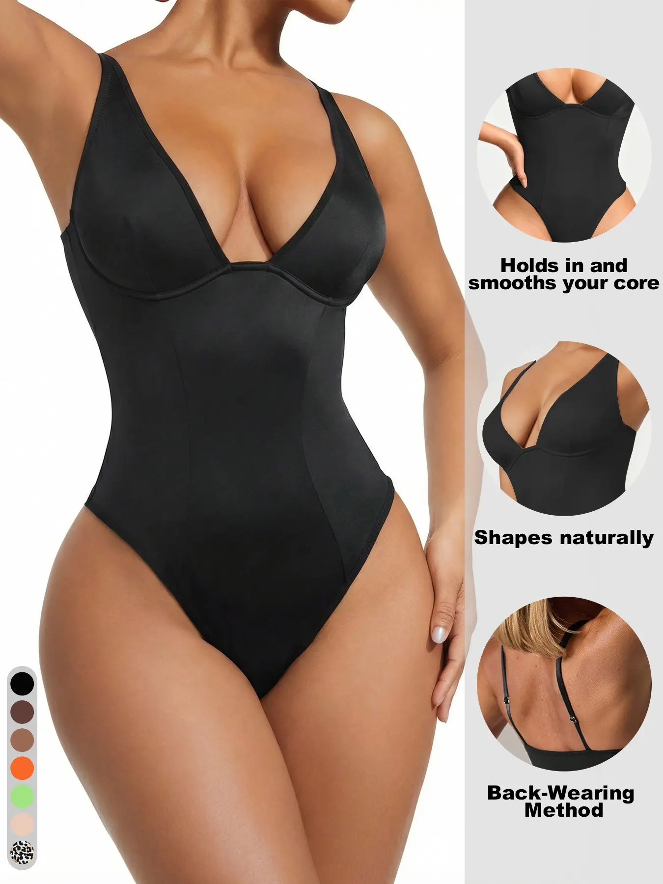 Women Deep V Underwire Shaping Bodysuit, Adjustable Spaghetti Strap, Tummy Control Compression Smooth Shapewear, Casual All-Season Wear