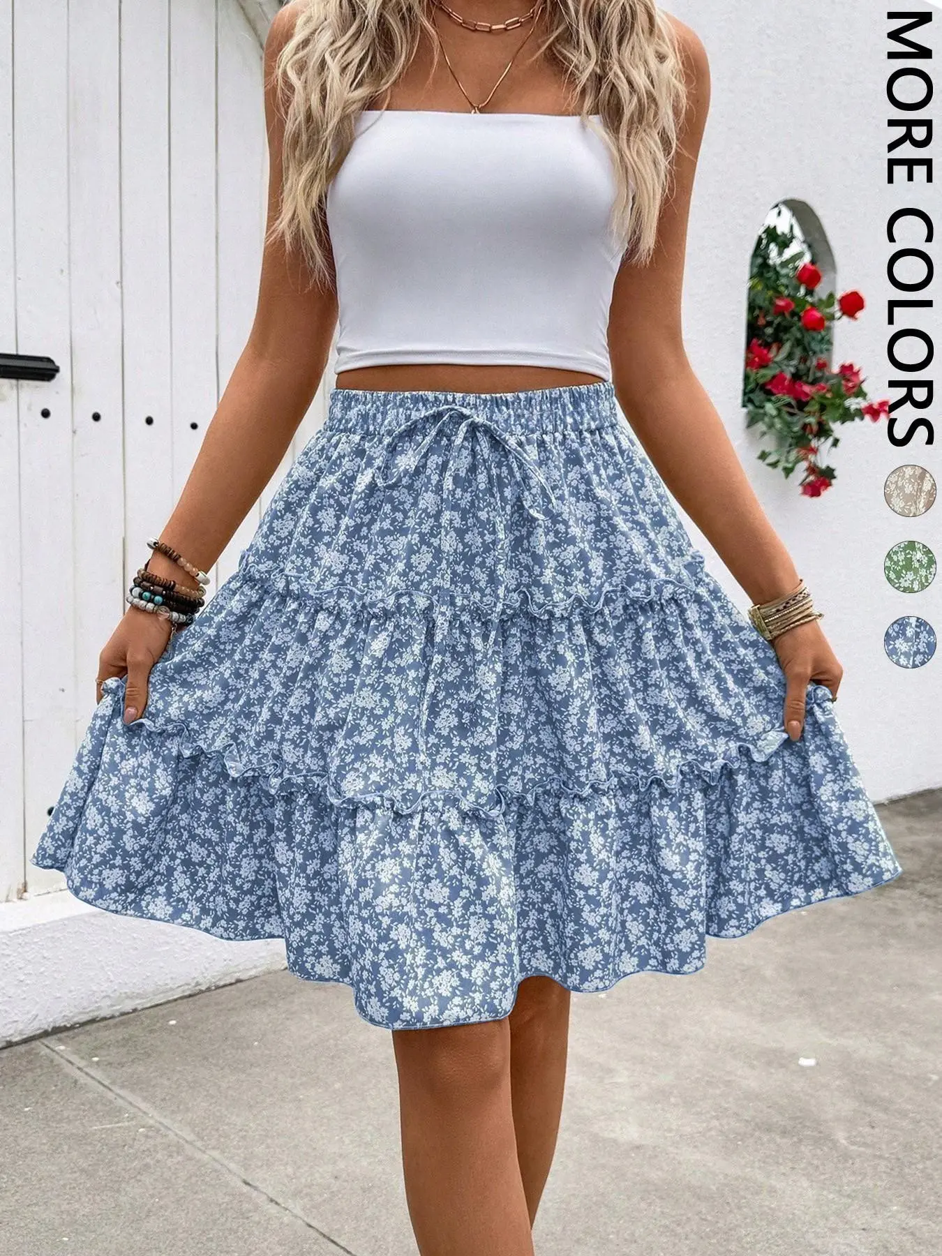 Women's Ditsy Floral Layered Midi Skirt, Adjustable Drawstring Elastic Waist, Flowy Ruffle Hem, Feminine Casual Elegant Design, Perfect for Daily Wear