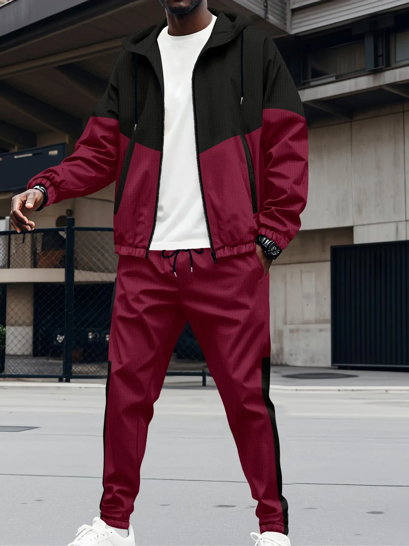 Men's Two-Piece Colorblock Sport Set, Full-Zip Hooded Windproof Jacket + Drawstring Jogger Pants, Loose Fit Daily Wear