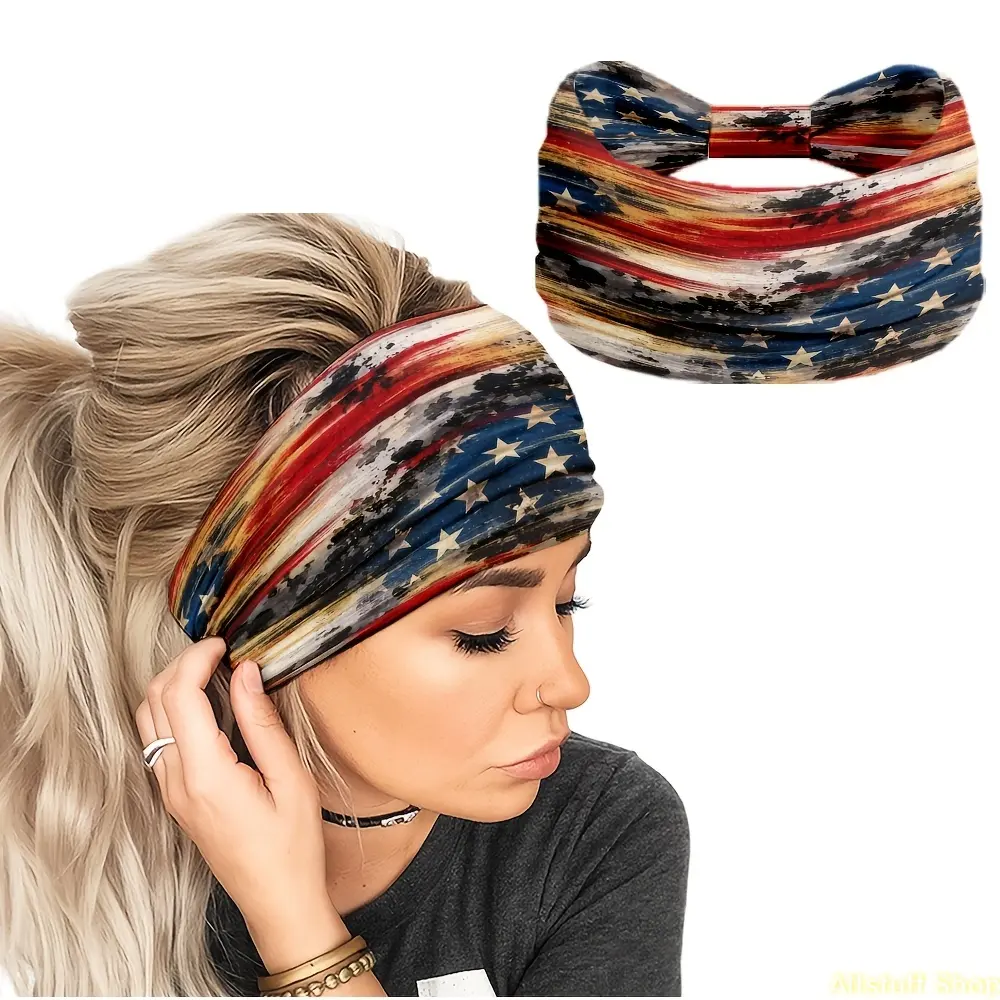 [Retro Distressed Style Headband] 1 Retro Distressed American Flag Pattern Headband | Classic red, white, and blue artistic style, elastic and non-slip, suitable for yoga, fitness, sports, and everyday wear. Fabric material, suitable for all seasons. Hand