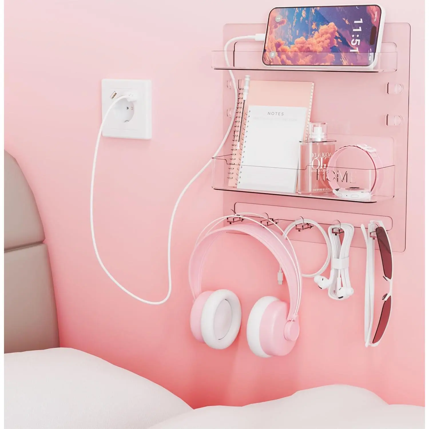 Bedside Shelf for Dorm Bed,Rv,Small Room and Nightstand,Wall Mounted Floating Shelves and Bedside Wall Organizer for Remote,Phone Holder,Charging Shelf,Cute Bedroom Decor for College Girl,Clear