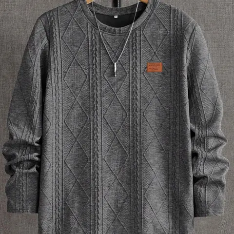 Men's Classic Regular Fit Patched Detail Textured Tops, Knitwear, Casual Long Sleeve Round Neck T-shirt for All Seasons, Fashion Men's Knit Top for Daily Wear, Dark Gray