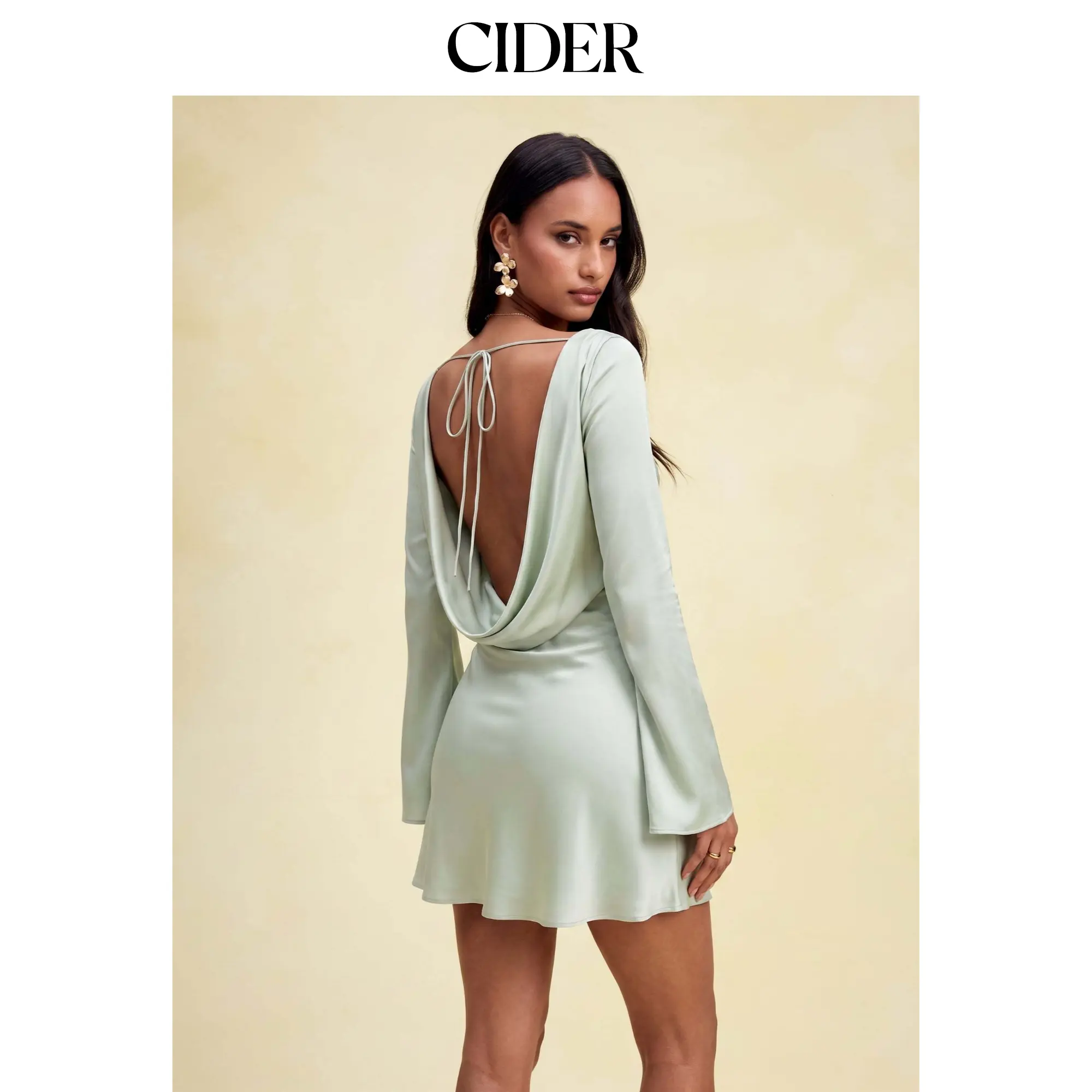 Cider Satin Boat Neck Bell Sleeve Backless Mini Dress SohoChic