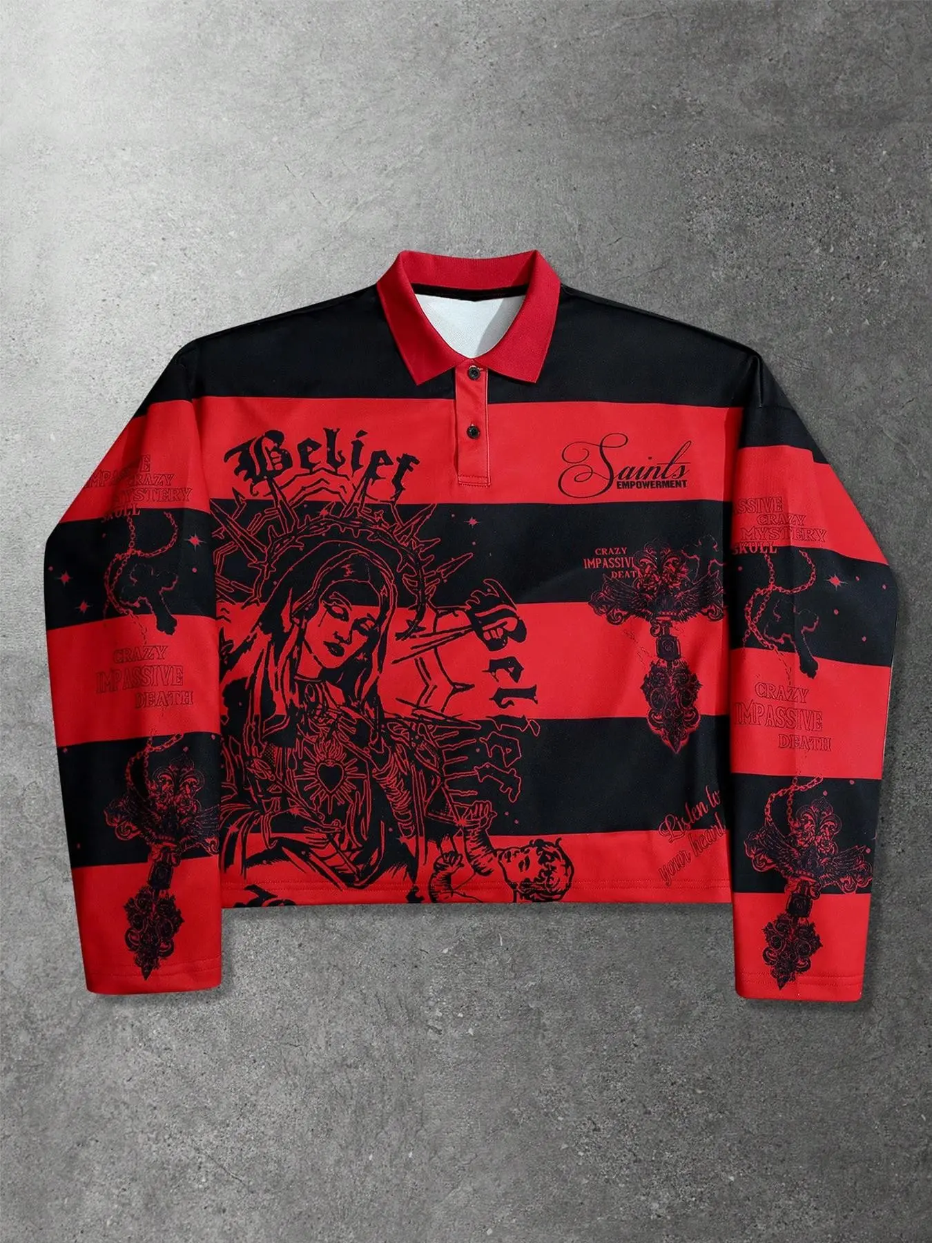 Y2K Gothic striped cropped long-sleeve Graphic Polo shirt, streetwear top with Virgin Mary cross print, Harajuku punk loose cropped T-shirt, alternative aesthetic hip-hop vintage long-sleeve, trendy dark faith long-sleeve